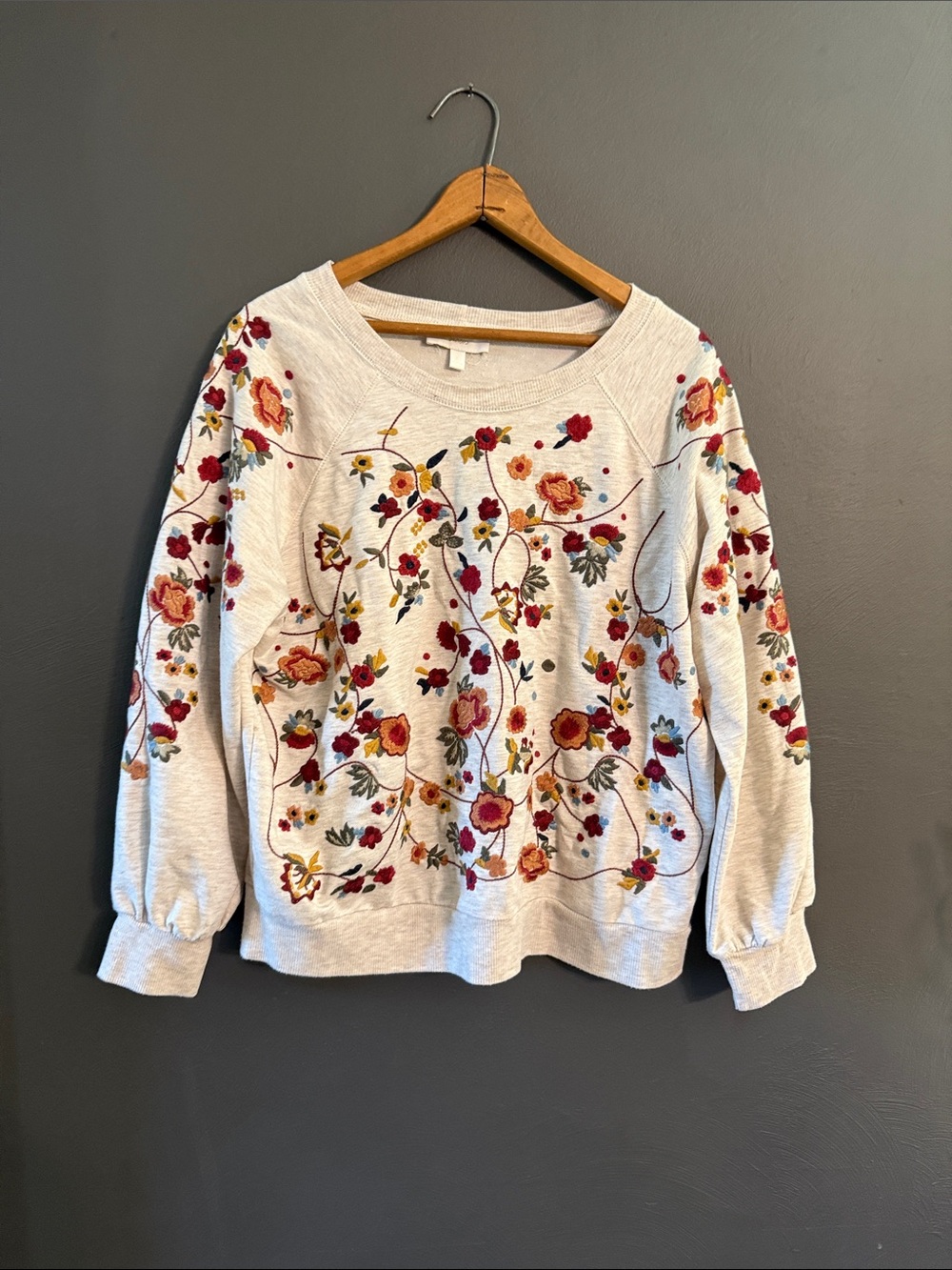 Anthropologie Braeve Cream Sweatshirt with Red and Orange Floral Embroidery